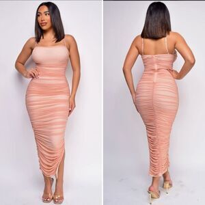NWT Emprada Kana Blush Pink Ruched Mesh Slit Dress $110 XL